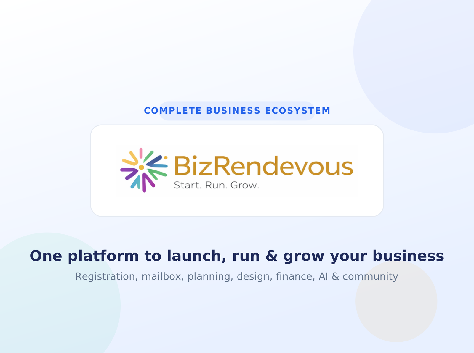 BizRendevous business ecosystem — registration, mailbox, planning, design, AI, and community in one place
